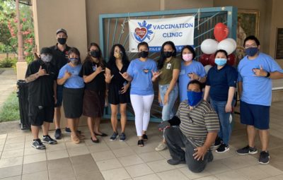 FilCom CARES team with Department of Health and iHeartMedia staff at a vaccination and testing event at the FilCom Center in Waipahu.