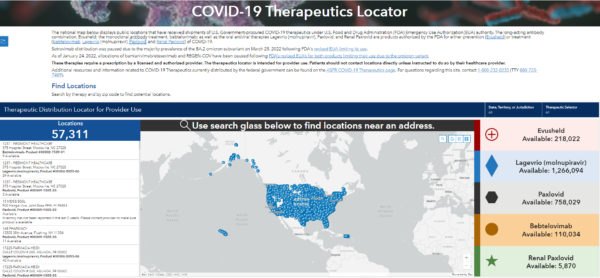 COVID-19 Therapeutics Locator webpage