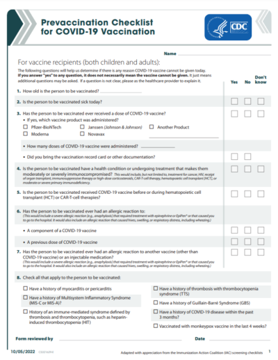 COVID-19 Vaccine Screening Questions